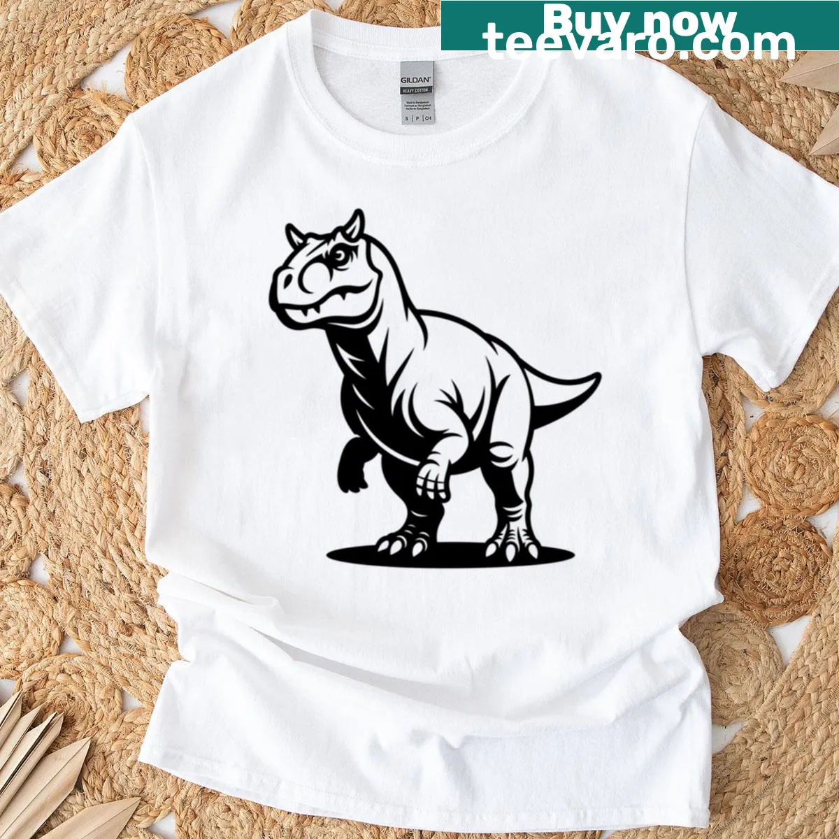 Illustration of a fierce Carnotaurus on a T-shirt — on a men's t-shirt