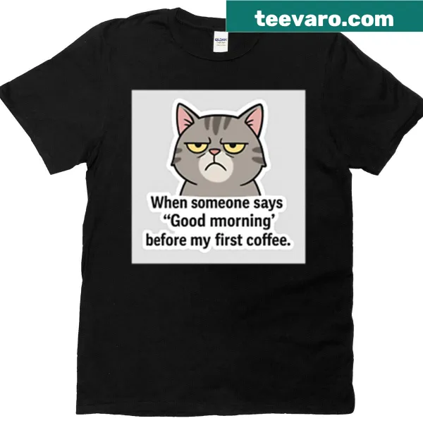 Playful illustration of a cat with a coffee cup on T-shirt