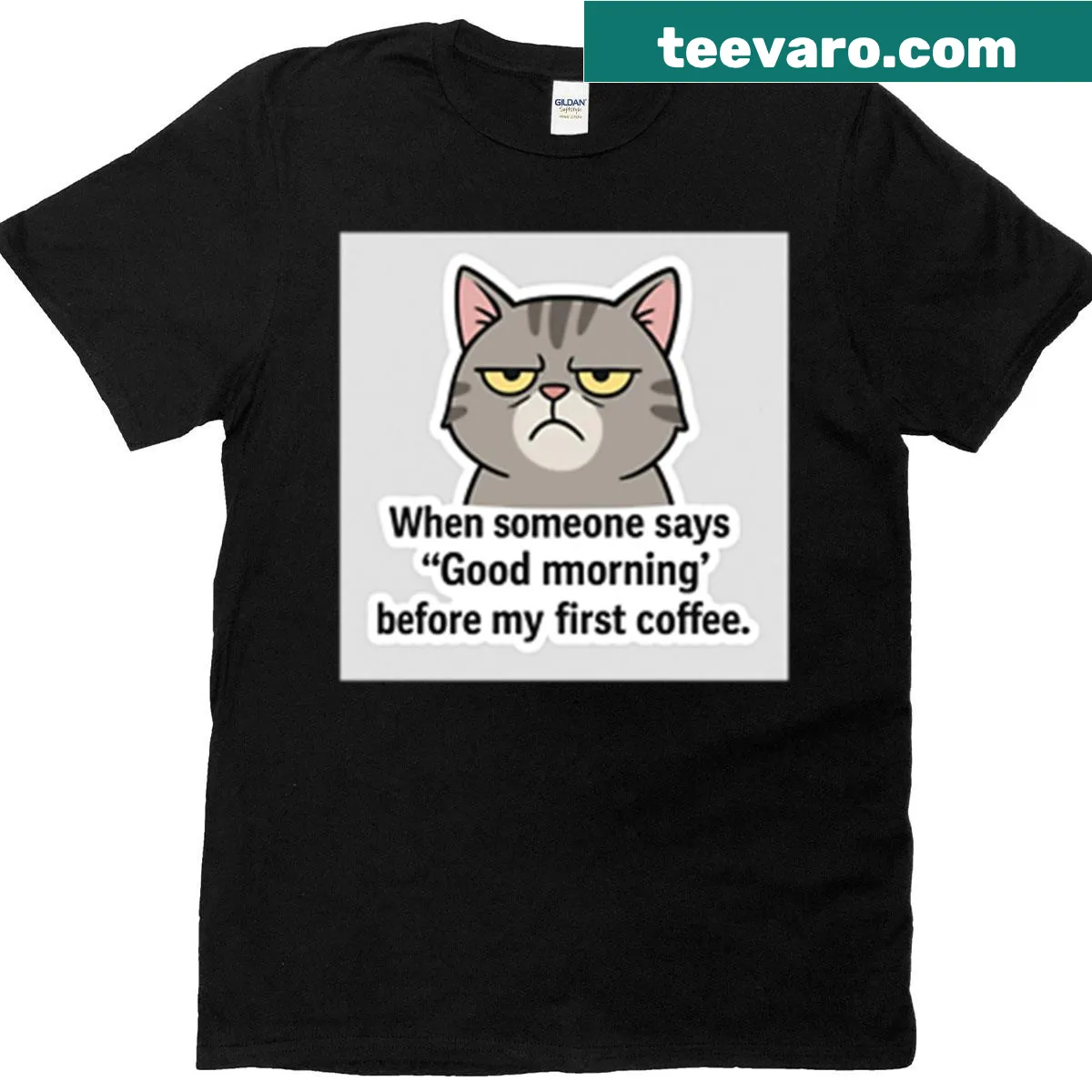 Playful illustration of a cat with a coffee cup on T-shirt — on a men's t-shirt