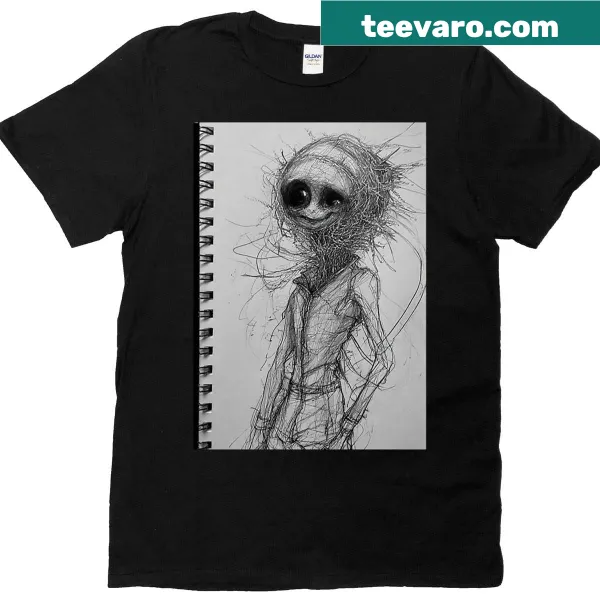 Chaotic sketch of a standing figure in motion on a t-shirt