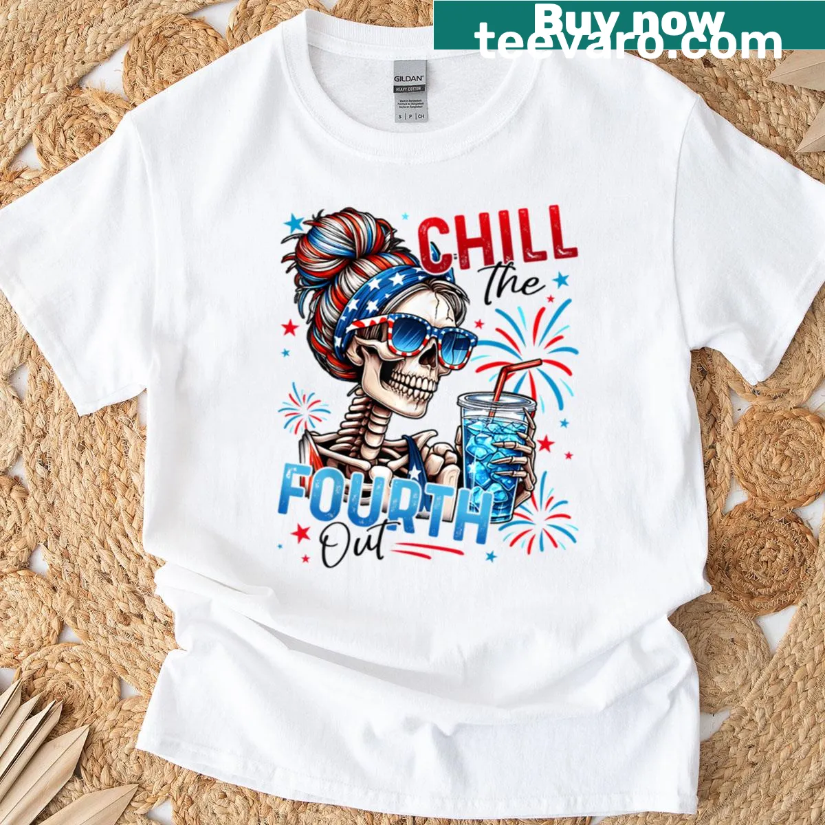 Retro-style t-shirt featuring a funny skeleton for Fourth of July. — on a men's t-shirt