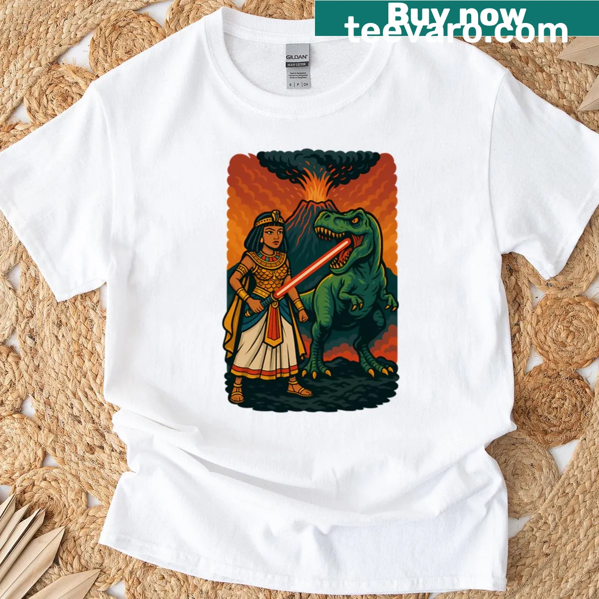 Funny design of Cleopatra with T-rex and lightsaber on T-shirt — on a men's t-shirt
