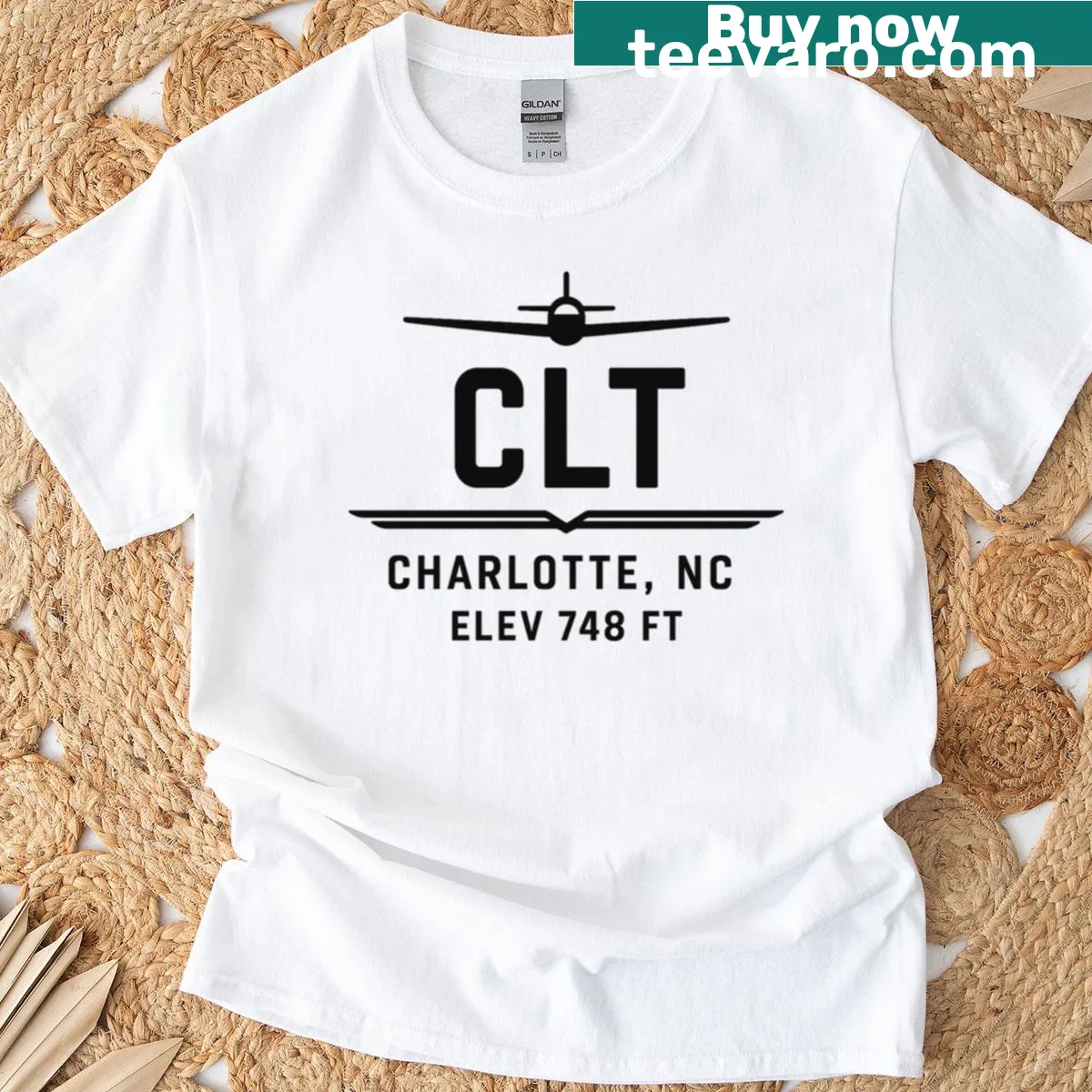 Pilot style aviation design for Charlotte with elevation details — on a men's t-shirt