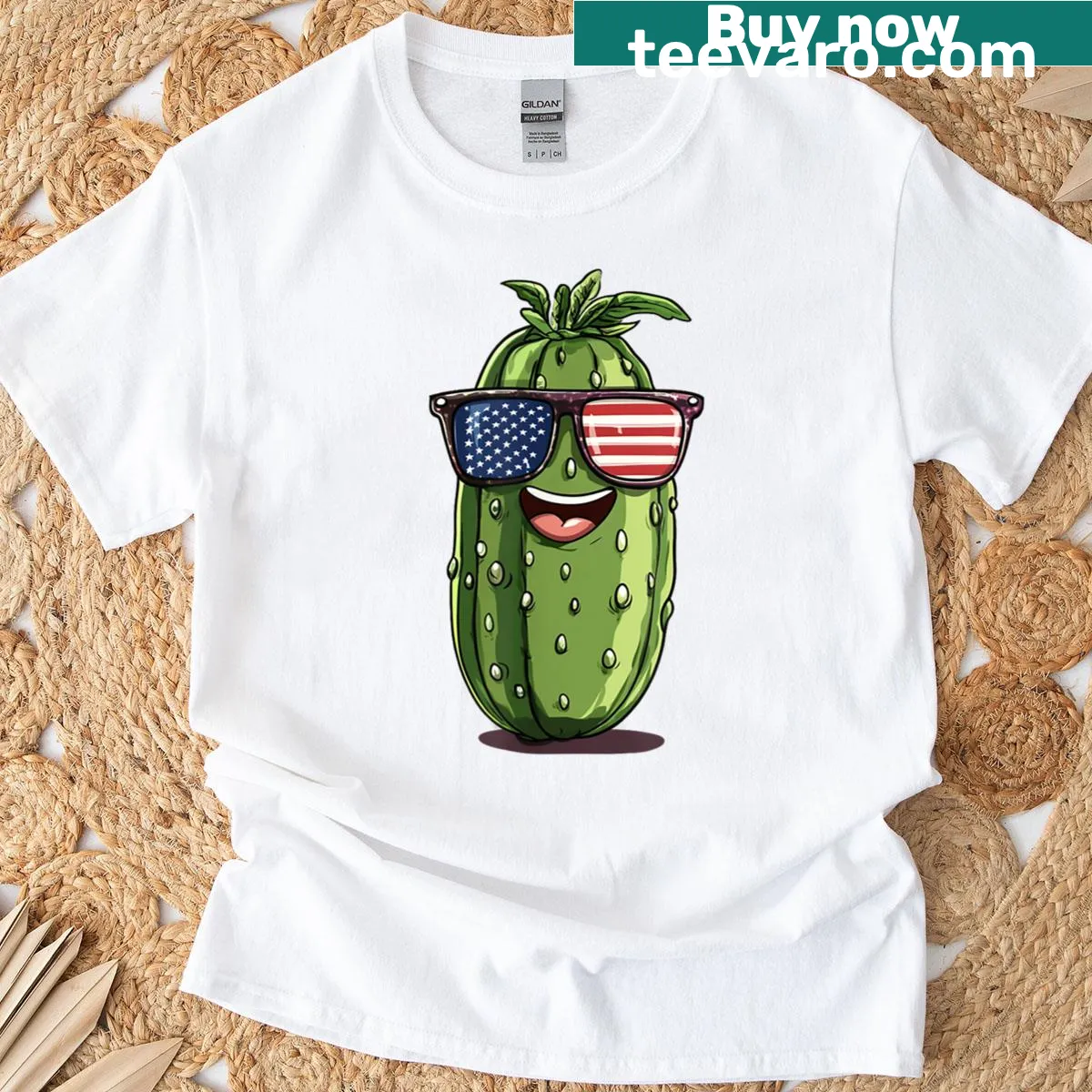 Patriotic pickle wearing sunglasses for 4th of July on a t-shirt — on a men's t-shirt