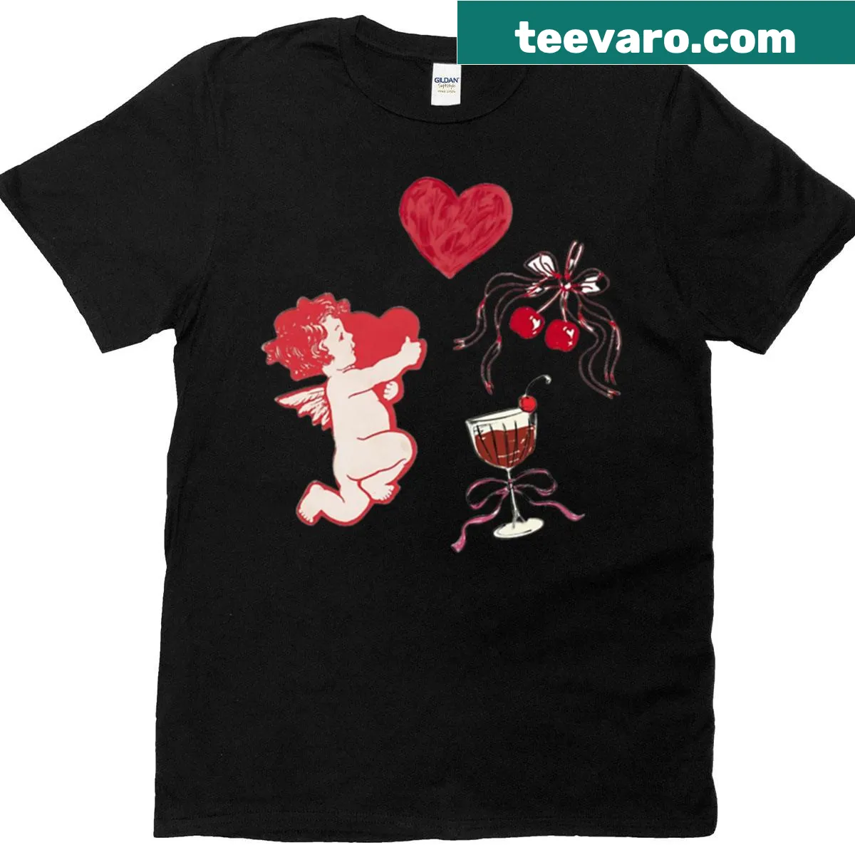 Kawaii T-shirt with cherry stickers and Cupid glass design — on a men's t-shirt