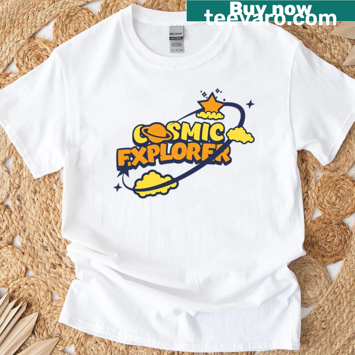 Cosmic cartoon explorer design on T-shirt — on a men's t-shirt