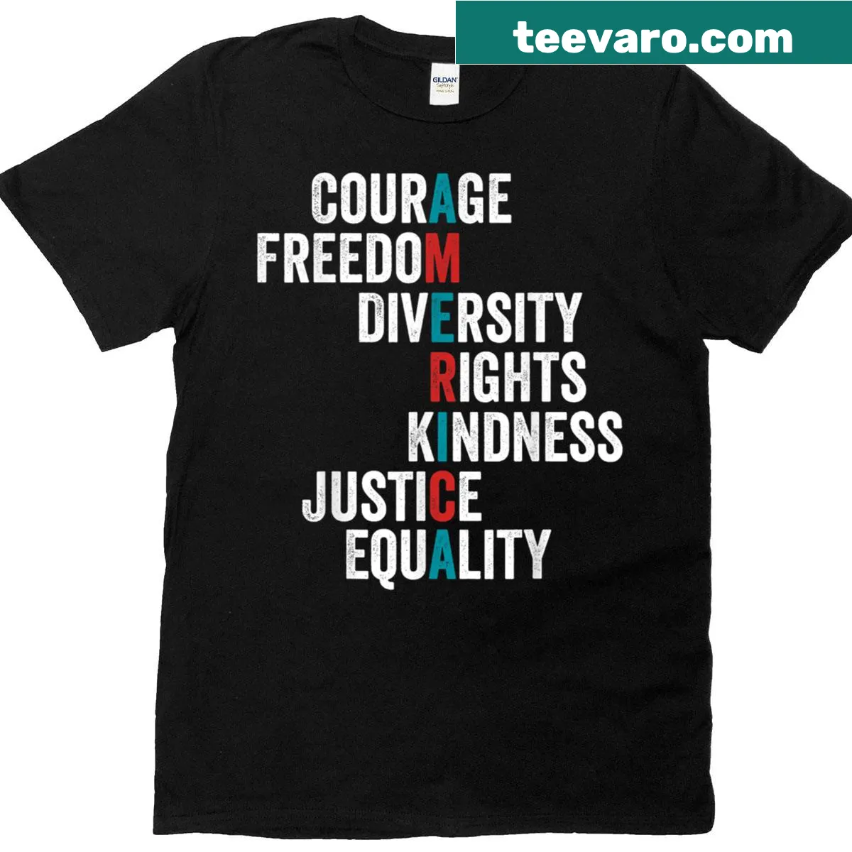 Textual design promoting courage and equality on t-shirt — on a men's t-shirt