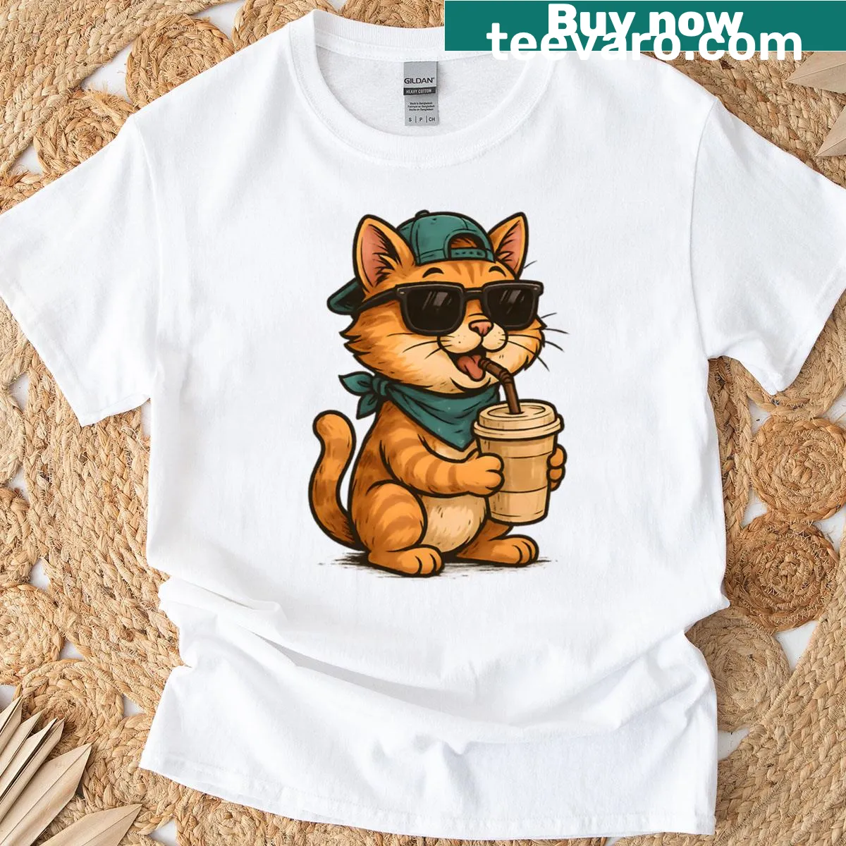 Adorable cat holding a coffee cup on a T-shirt — on a men's t-shirt