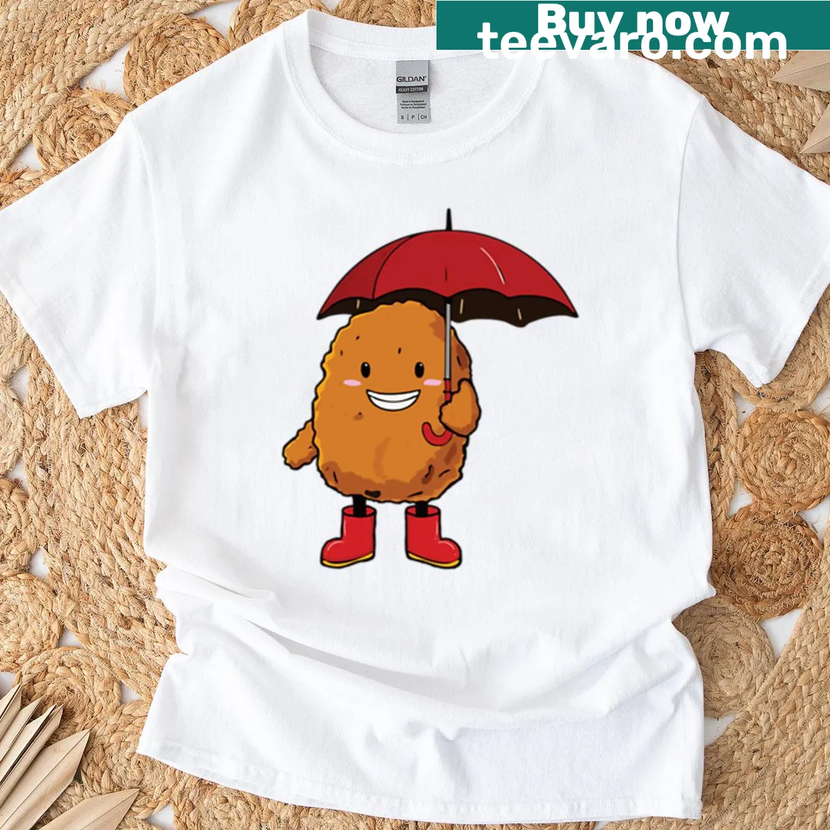 Cartoon chicken nugget with umbrella design — on a men's t-shirt