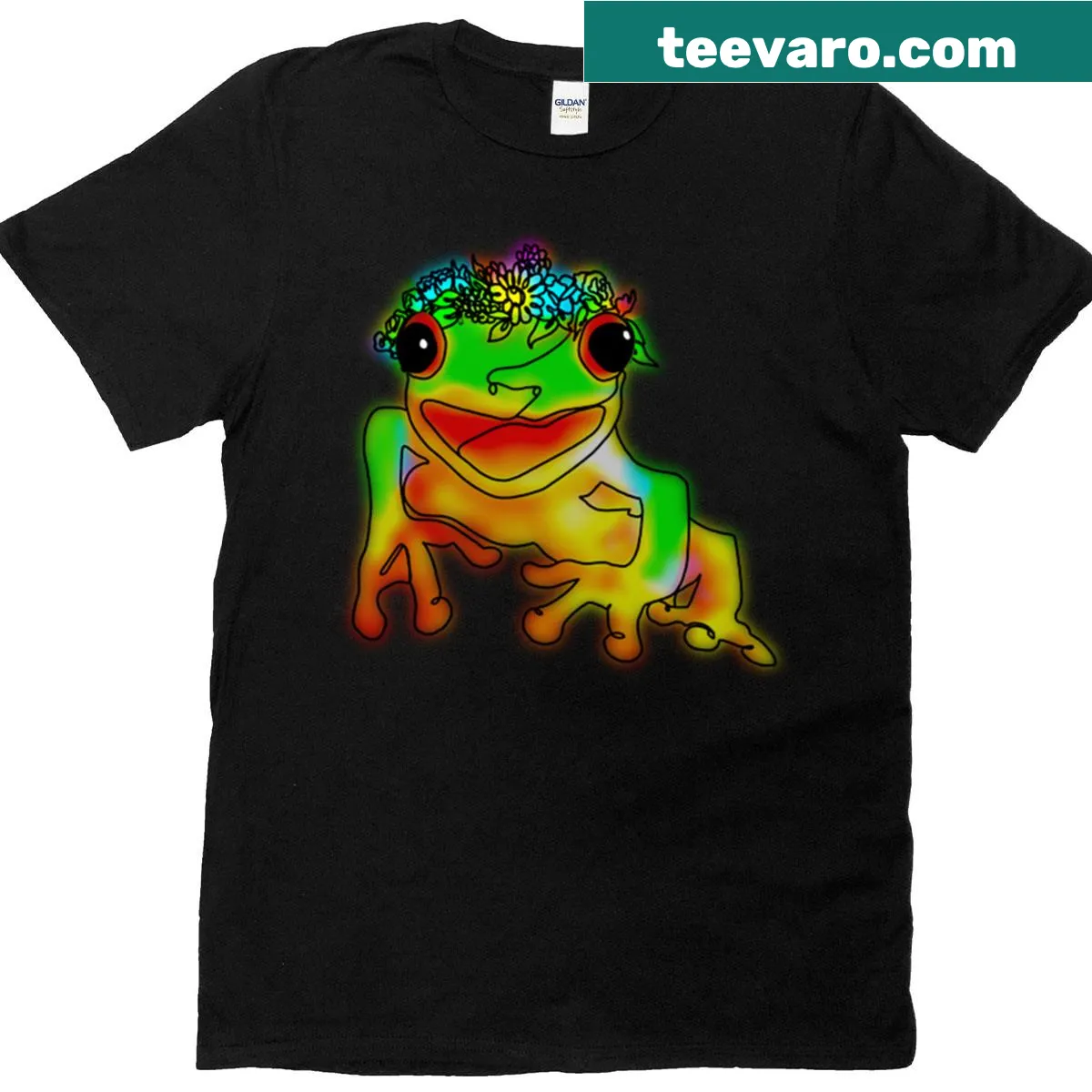 Line art of a frog with a floral crown on a T-shirt — on a men's t-shirt