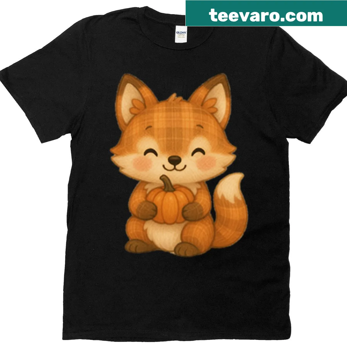 Charming plaid fox design holding a tiny pumpkin on a t-shirt. — on a men's t-shirt