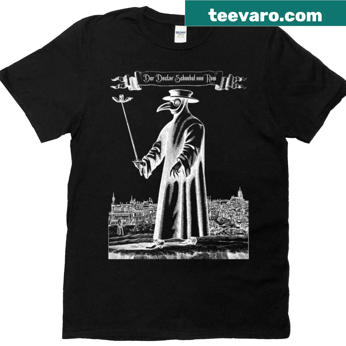 Text design featuring 'Doctor Schnabel Von Rom' on t-shirt — on a men's t-shirt