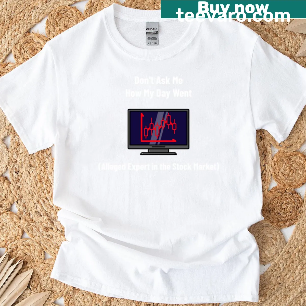 Bold T-shirt with statement about stock market expertise. — on a men's t-shirt