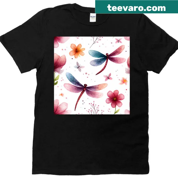 Illustration of dragonflies and flowers on T-shirt, celebrating nature