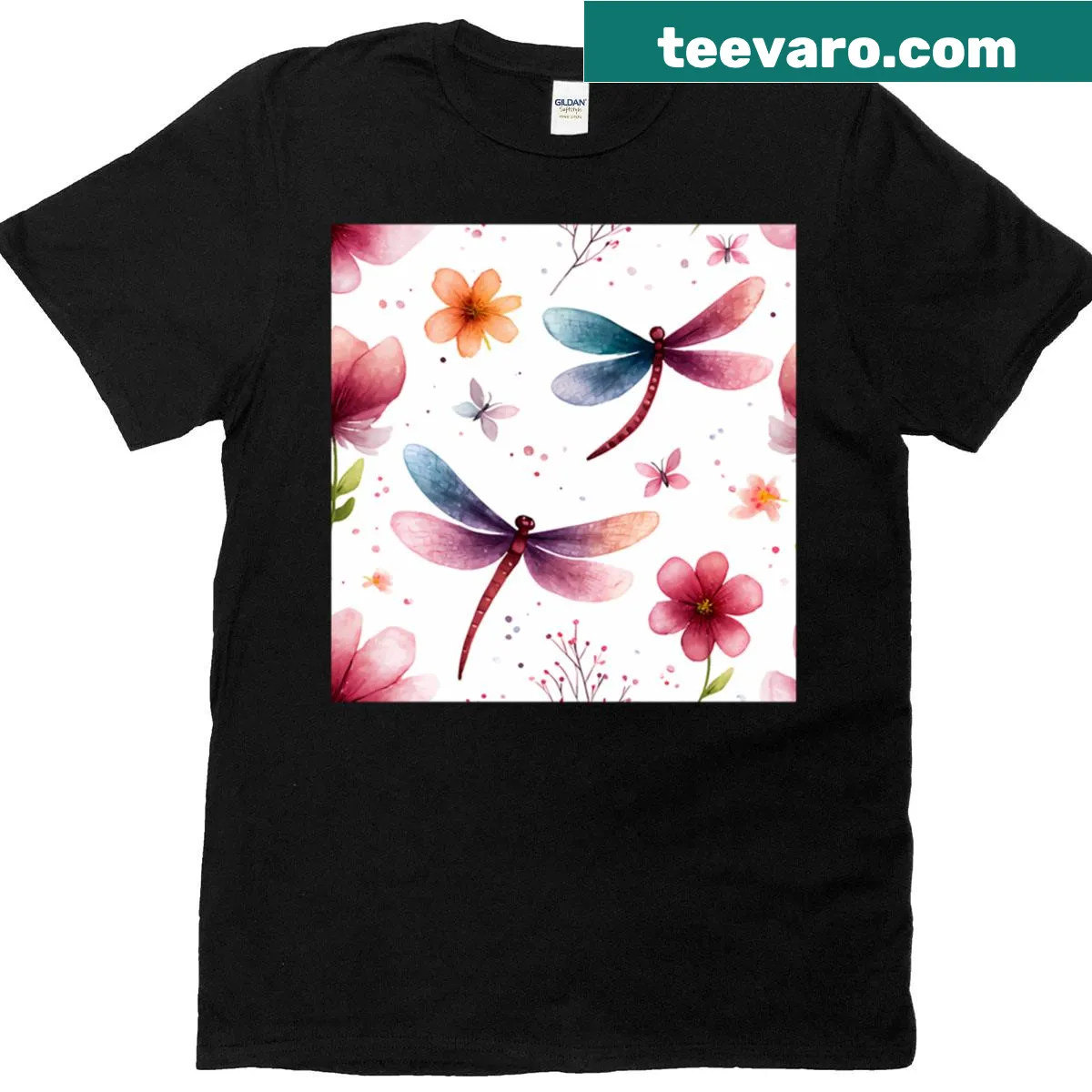 Illustration of dragonflies and flowers on T-shirt, celebrating nature — on a men's t-shirt
