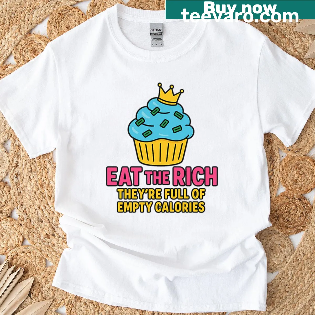 Cupcake graphic with 'Eat The Rich' text, humorous T-shirt design. — on a men's t-shirt