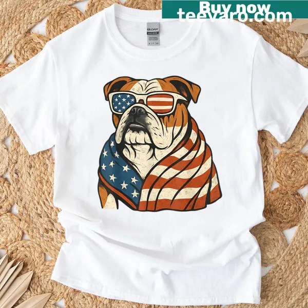 Patriotic bulldog with American flag illustration on T-shirt.