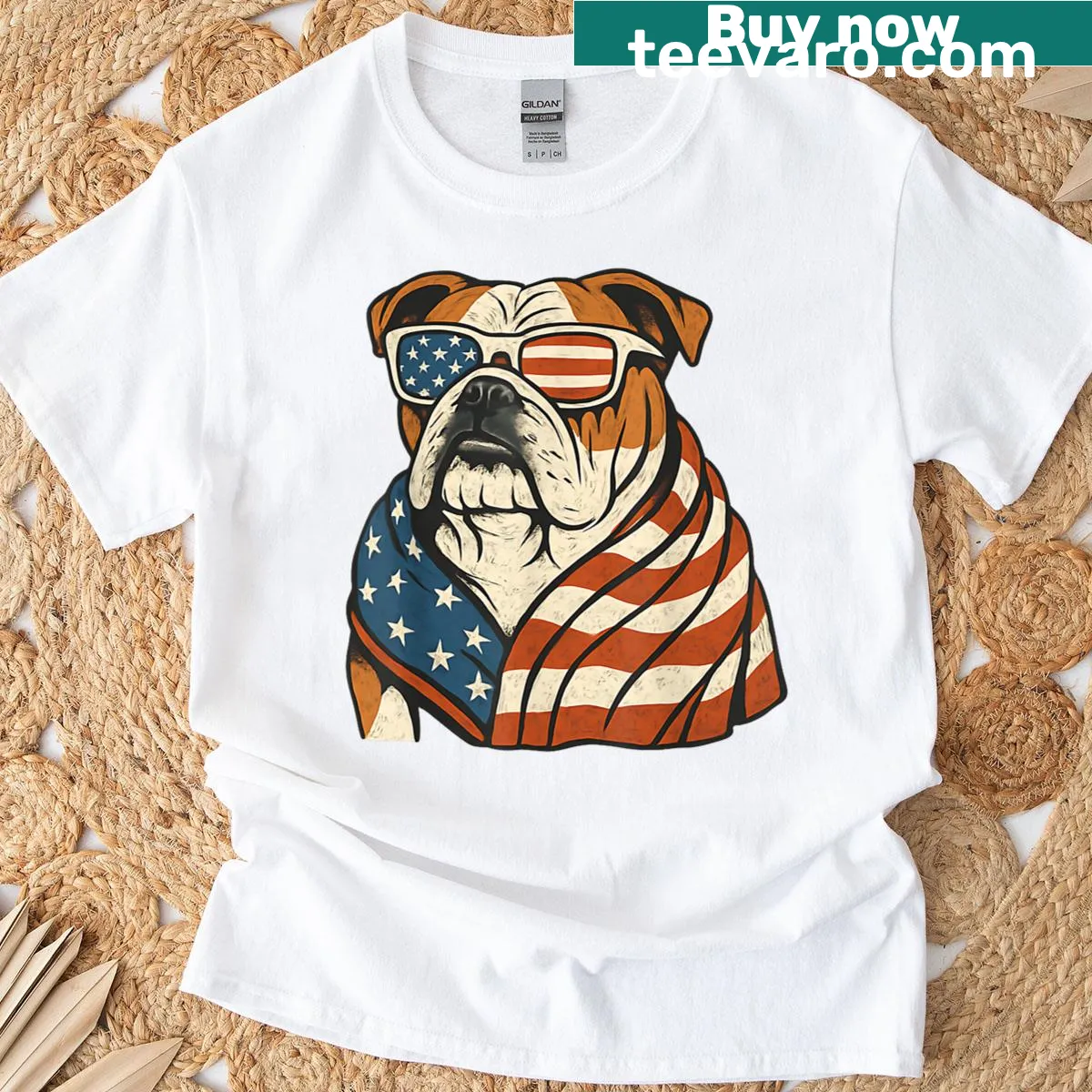 Patriotic bulldog with American flag illustration on T-shirt. — on a men's t-shirt