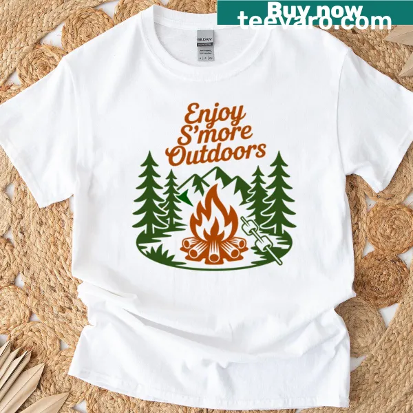 Playful s'mores graphic on an outdoor-themed T-shirt.