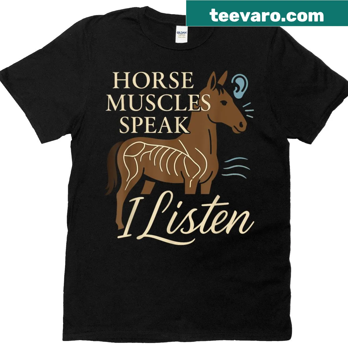 Humorous equine massage therapy graphic on a T-shirt — on a men's t-shirt
