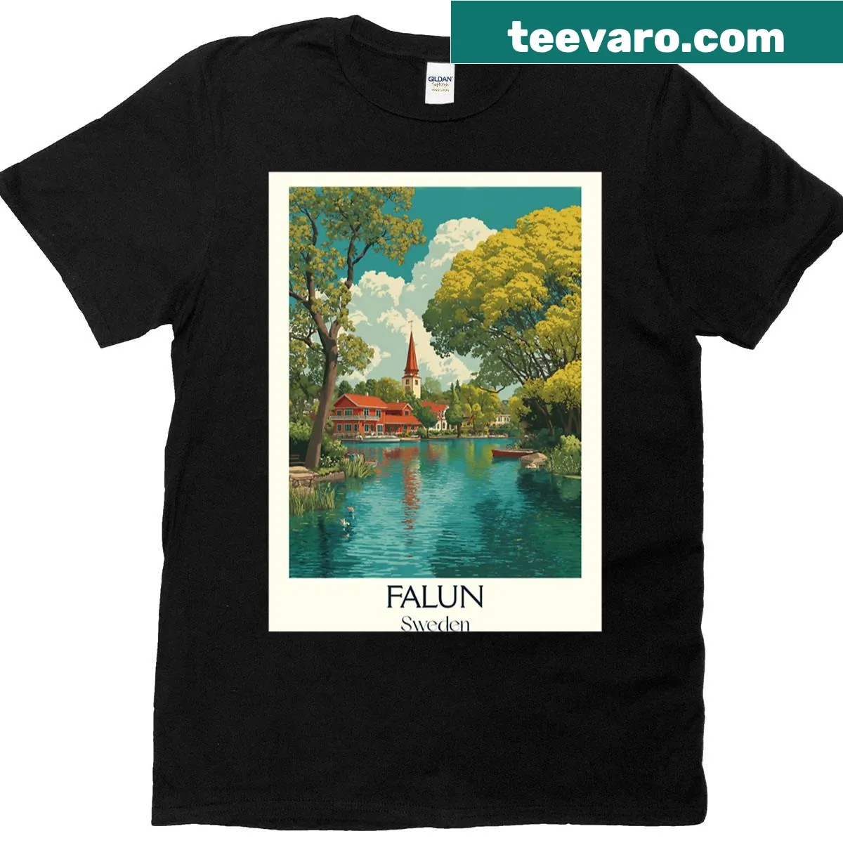 Vintage travel poster design representing Falun, Sweden on T-shirt — on a men's t-shirt