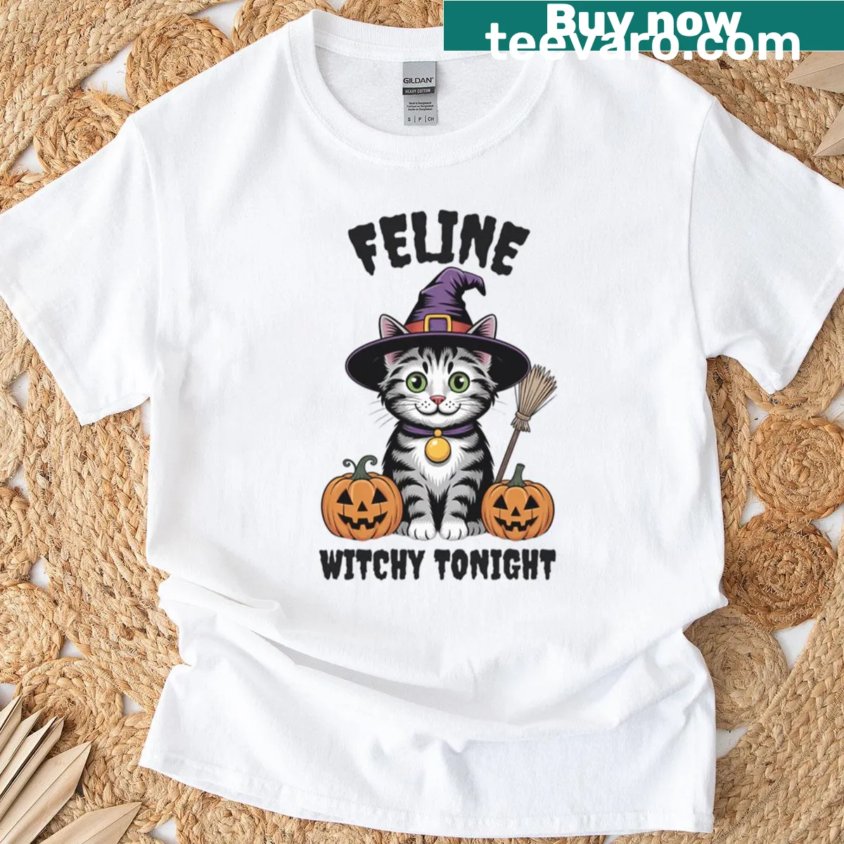 Cute witch cat design T-shirt for Halloween — on a men's t-shirt