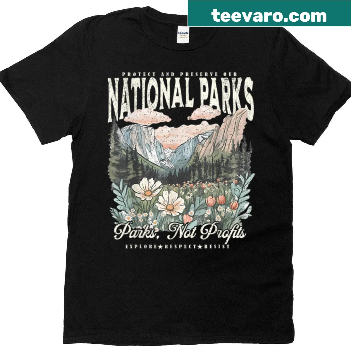Floral T-shirt supporting national park conservation — on a men's t-shirt