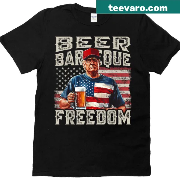 Fourth of July themed T-shirt featuring symbols of freedom and BBQ