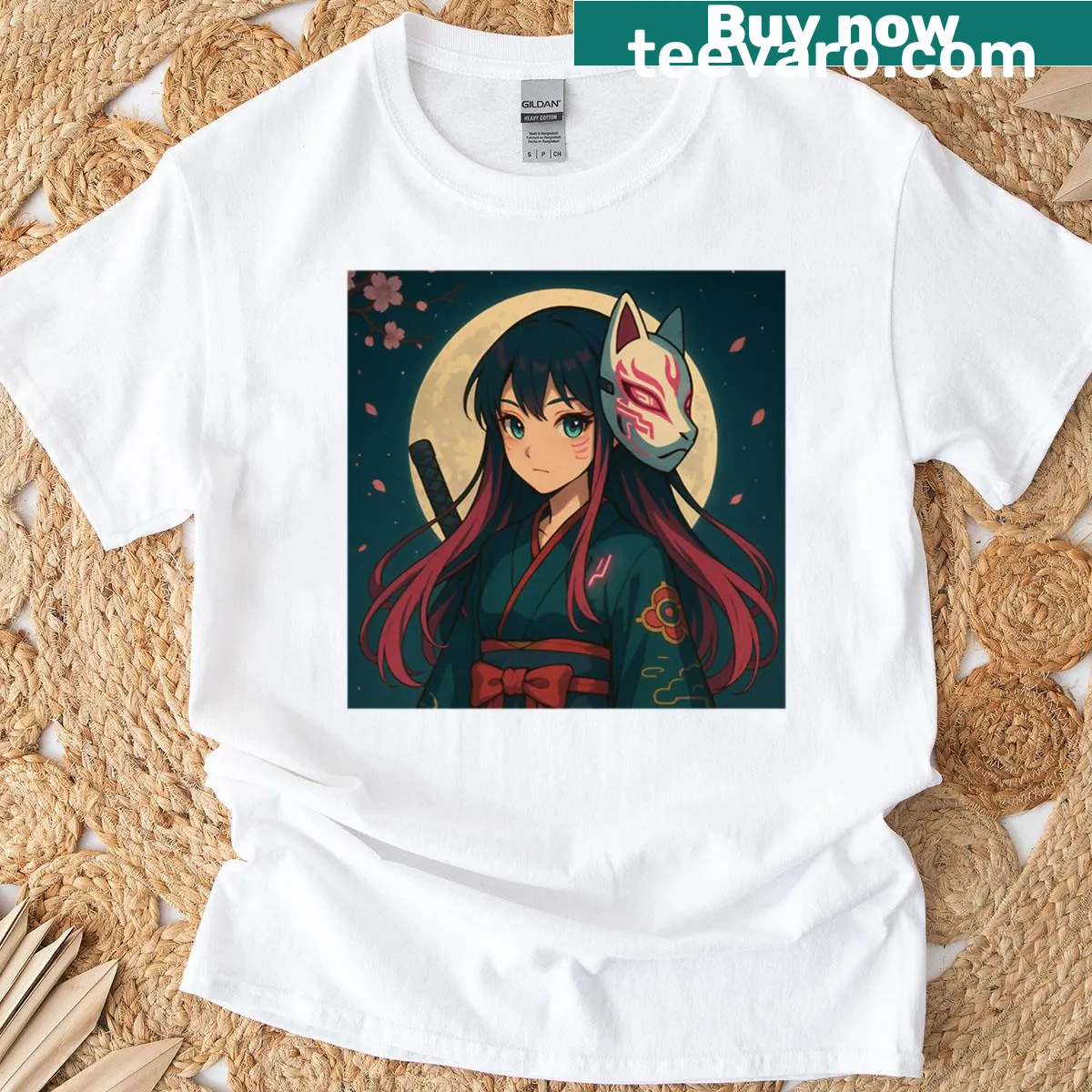 Illustration of fox mask maiden under moonlight on a T-shirt — on a men's t-shirt