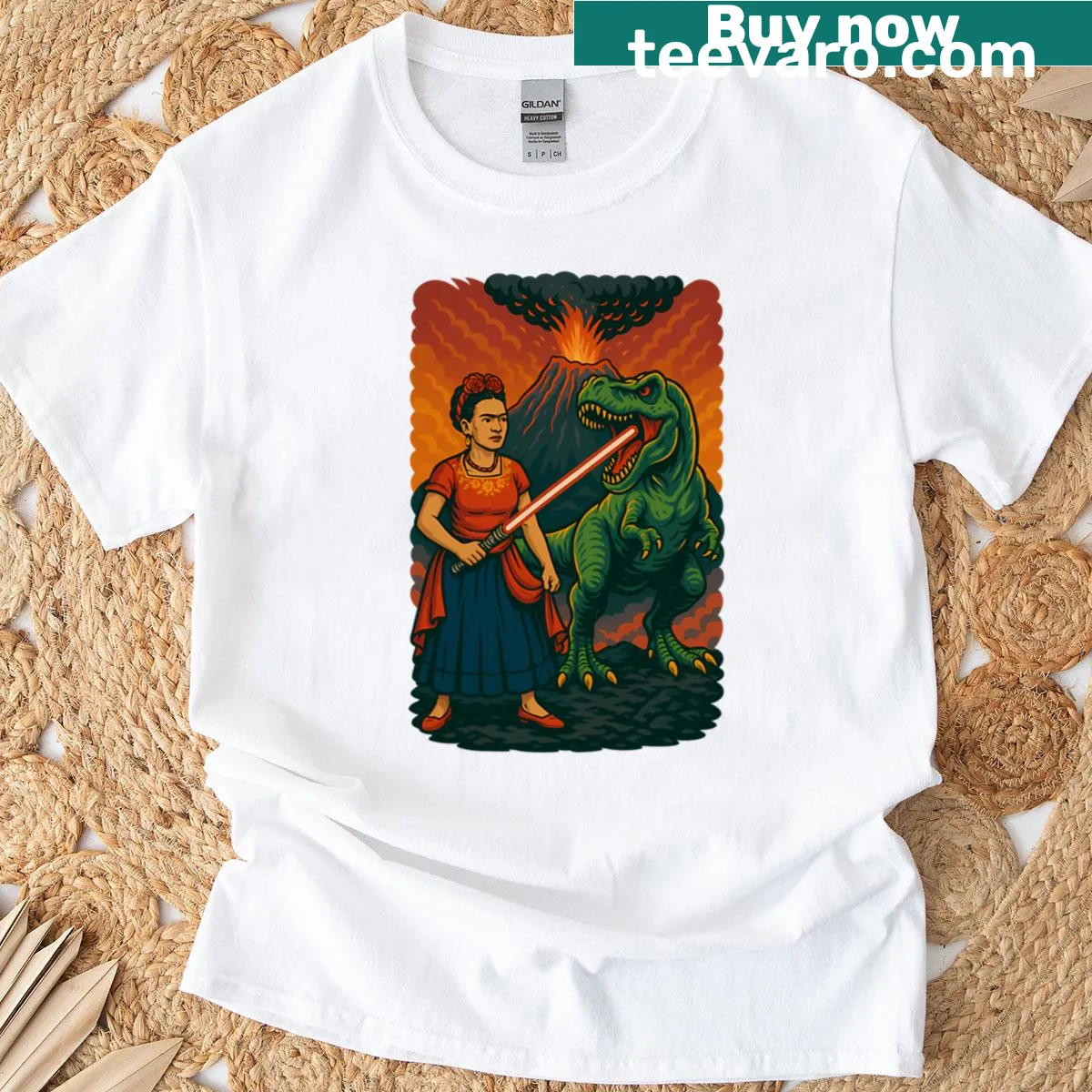 T-rex with lightsaber in front of volcano and Frida Kahlo elements — on a men's t-shirt
