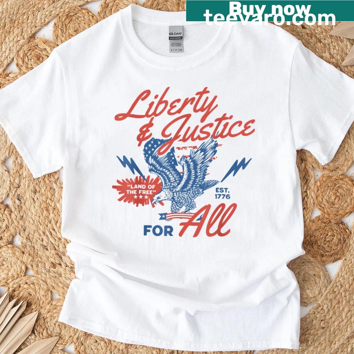 Funny T-shirt with Land of the Free and Liberty And Justice For All text — on a men's t-shirt