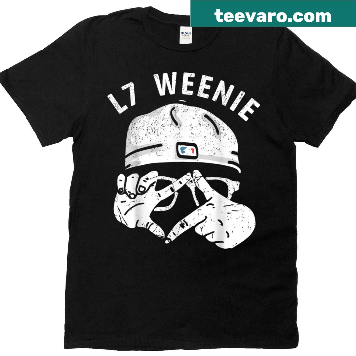 Funny baseball season t-shirt with cartoon L7 Weenie character — on a men's t-shirt