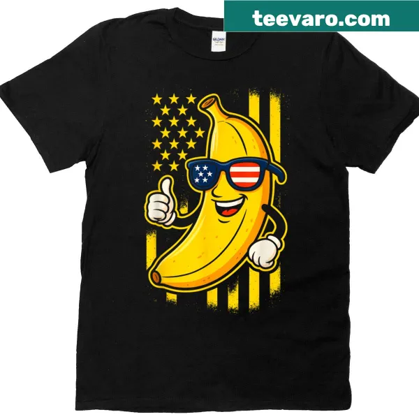 Funny patriotic banana t-shirt with American flag and sunglasses