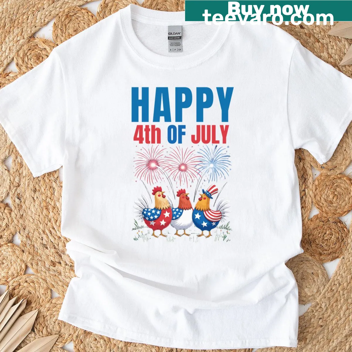 Patriotic chicken T-shirt with USA flag for 4th of July — on a men's t-shirt