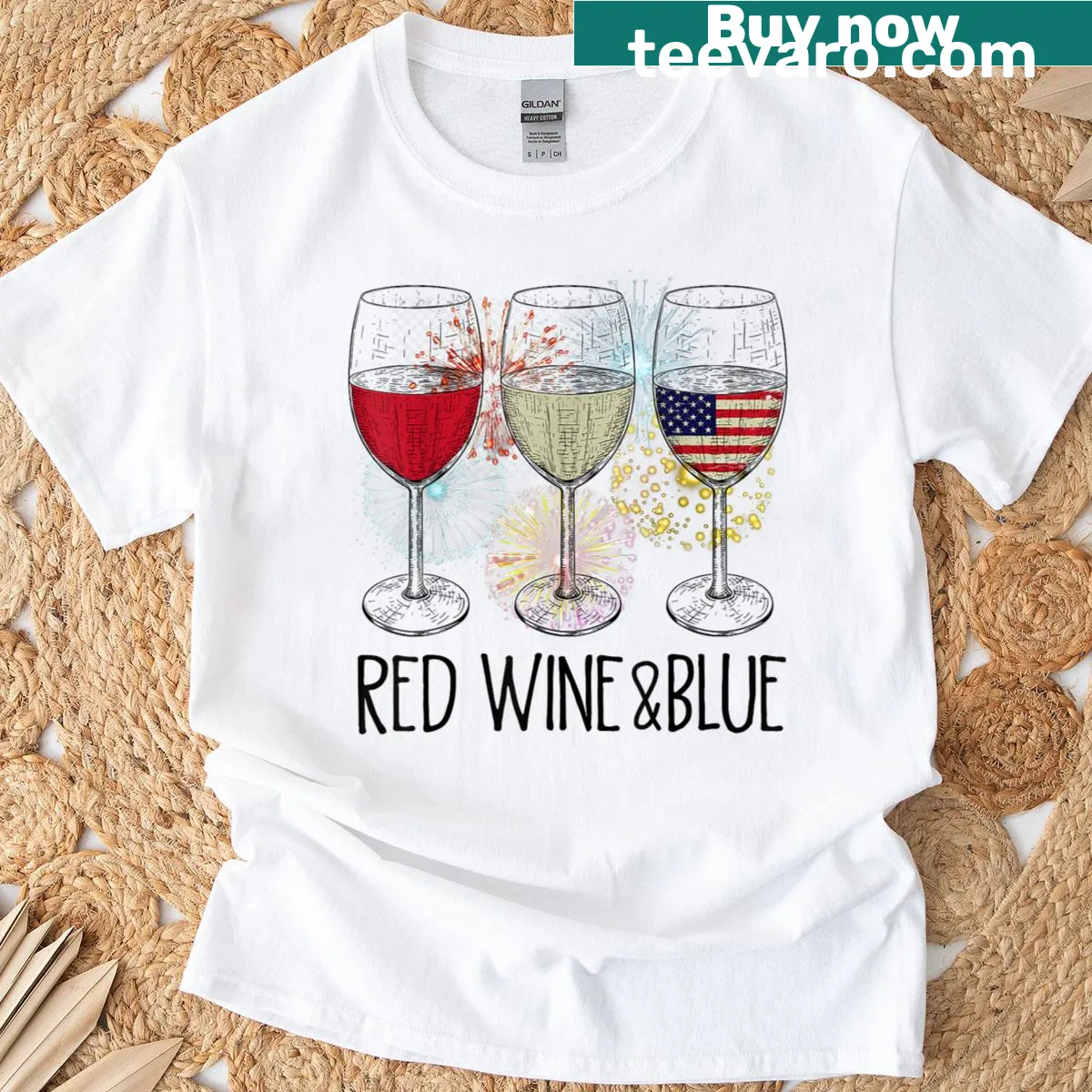 Wine glass and fireworks design for 4th of July T-shirt — on a men's t-shirt