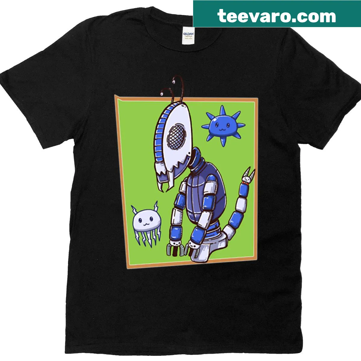Futuristic robot with floating cute characters design — on a men's t-shirt