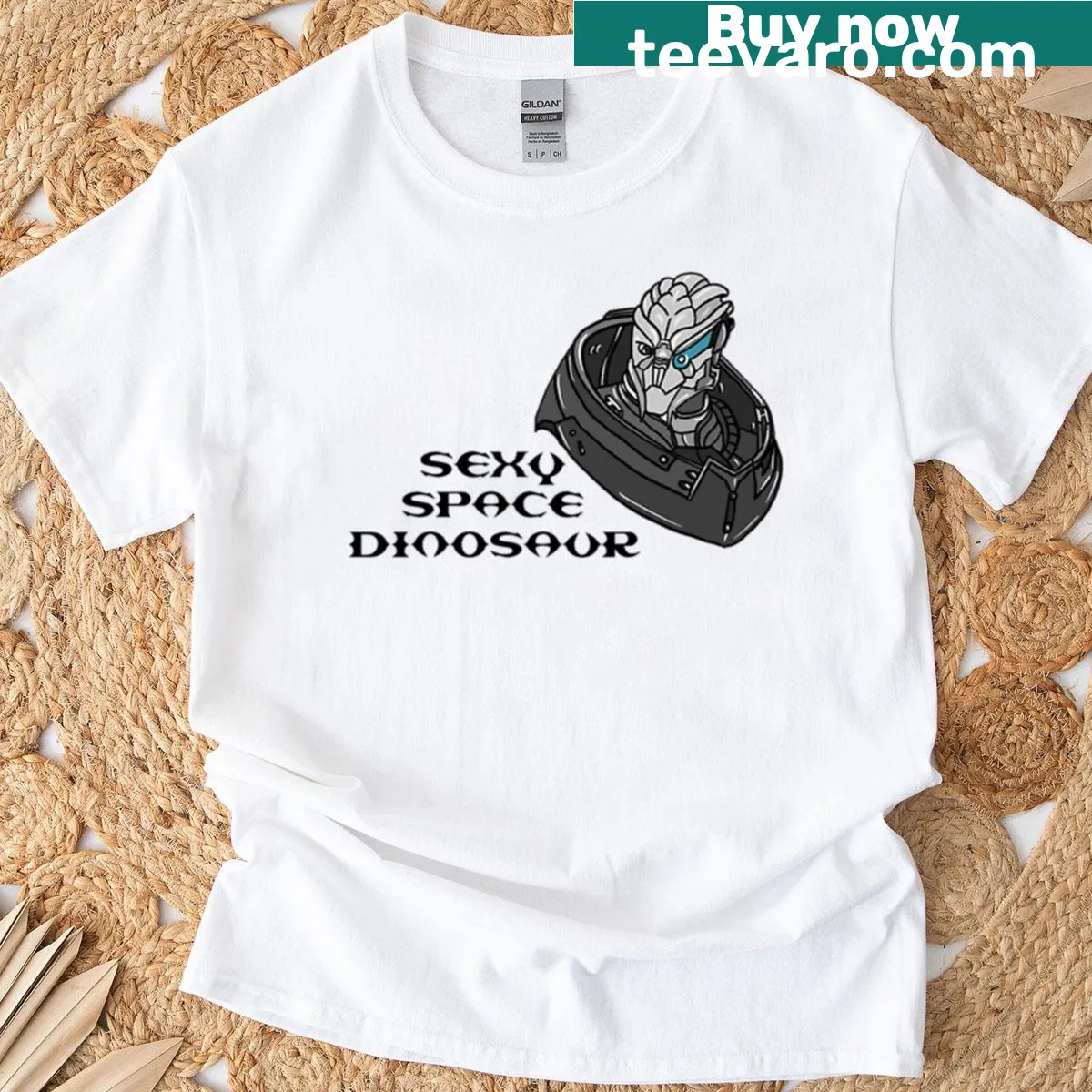 Garrus character as a sexy space dinosaur T-shirt — on a men's t-shirt
