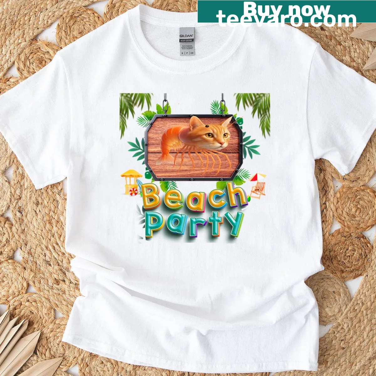 T-shirt with a humorous beach scene featuring a shrimp graphic — on a men's t-shirt