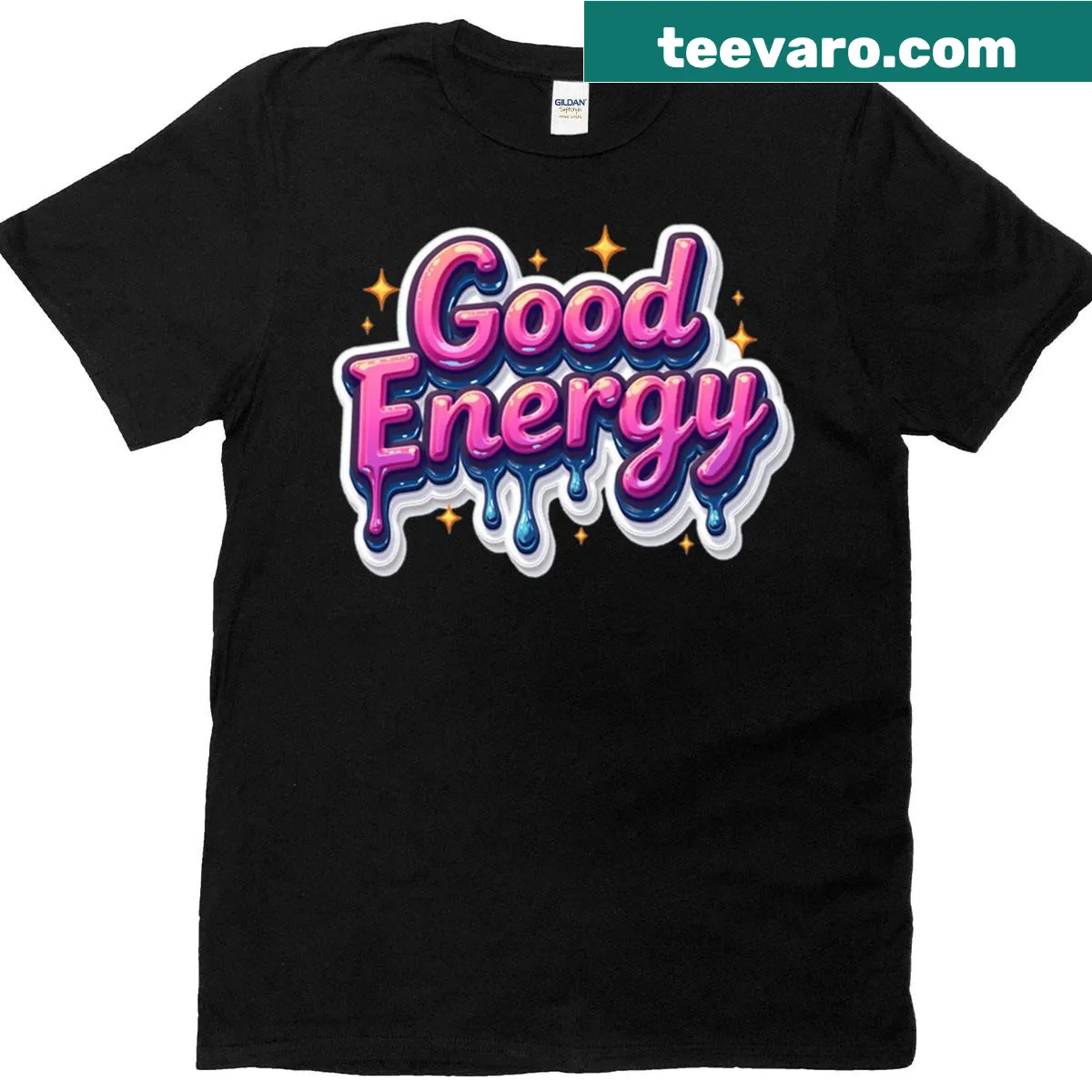 Positive drip lettering with stars in a fun design — on a men's t-shirt