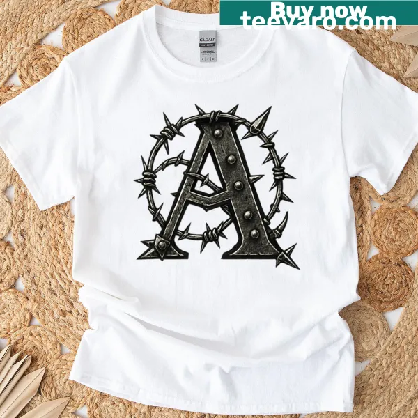 Gothic style text with barbed wire and spikes on T-shirt