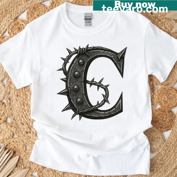Gothic T-shirt with 'C' in barbed wire and spiked font