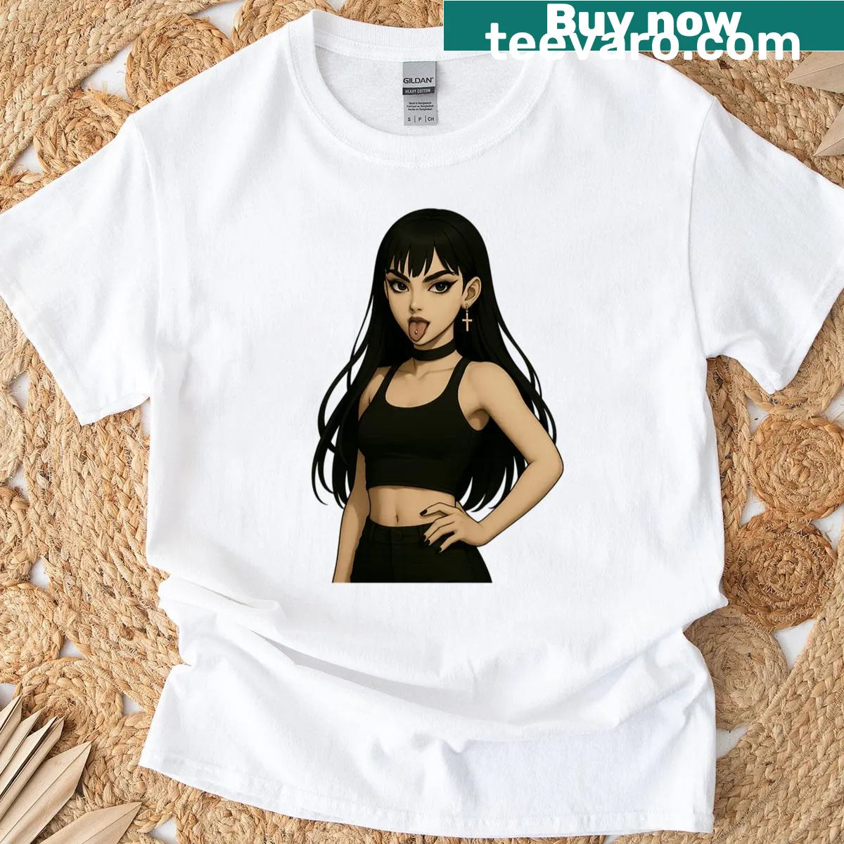 Gothic anime character T-shirt with a tongue piercing design — on a men's t-shirt
