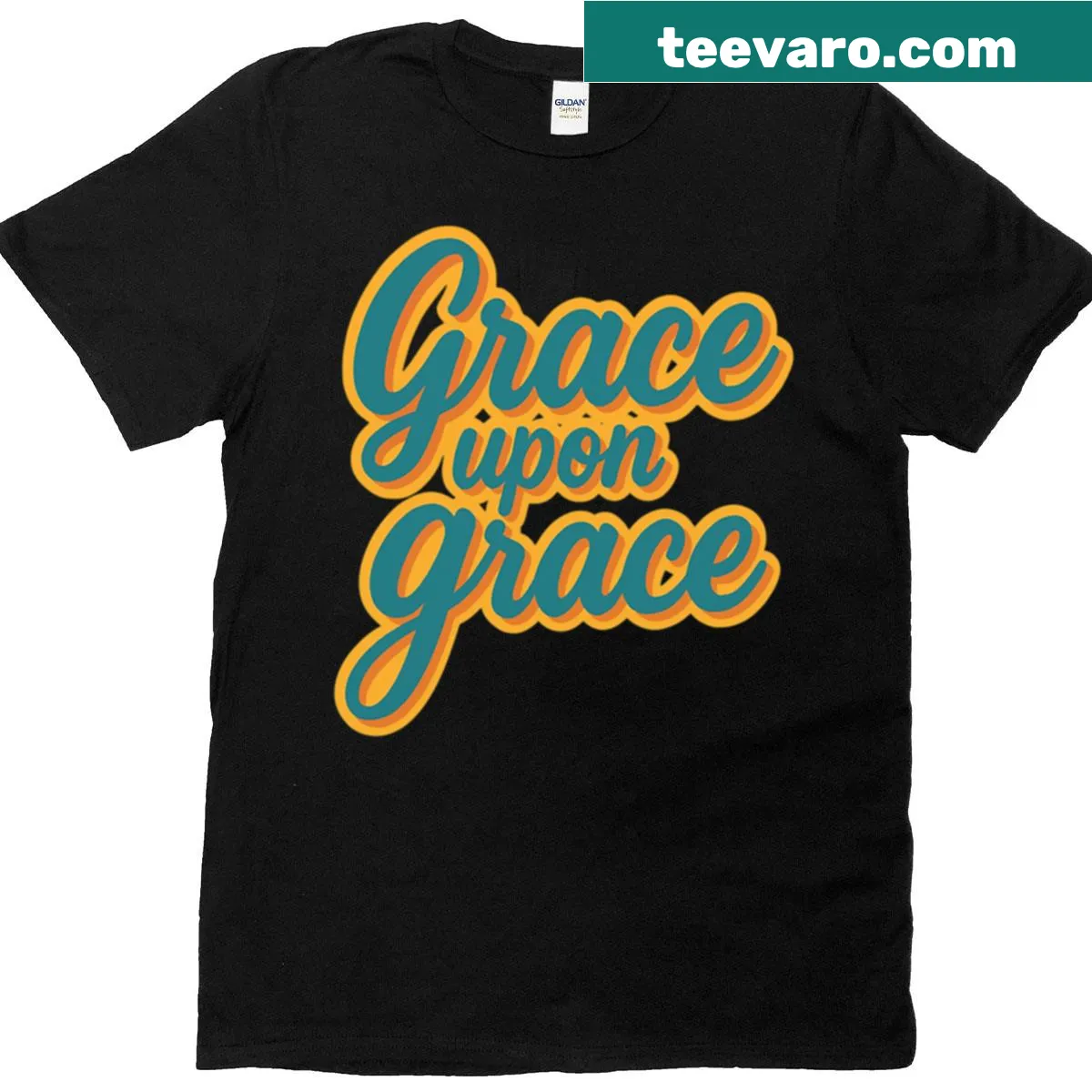 Bold layered typography featuring the phrase Grace Upon Grace. — on a men's t-shirt