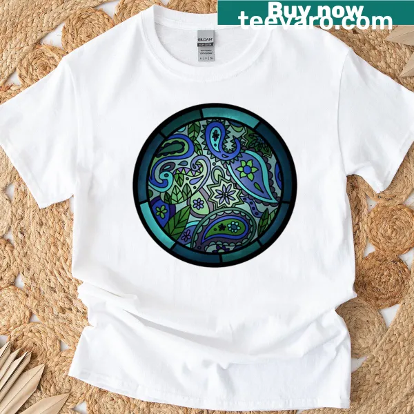 T-shirt featuring a green and blue paisley pattern
