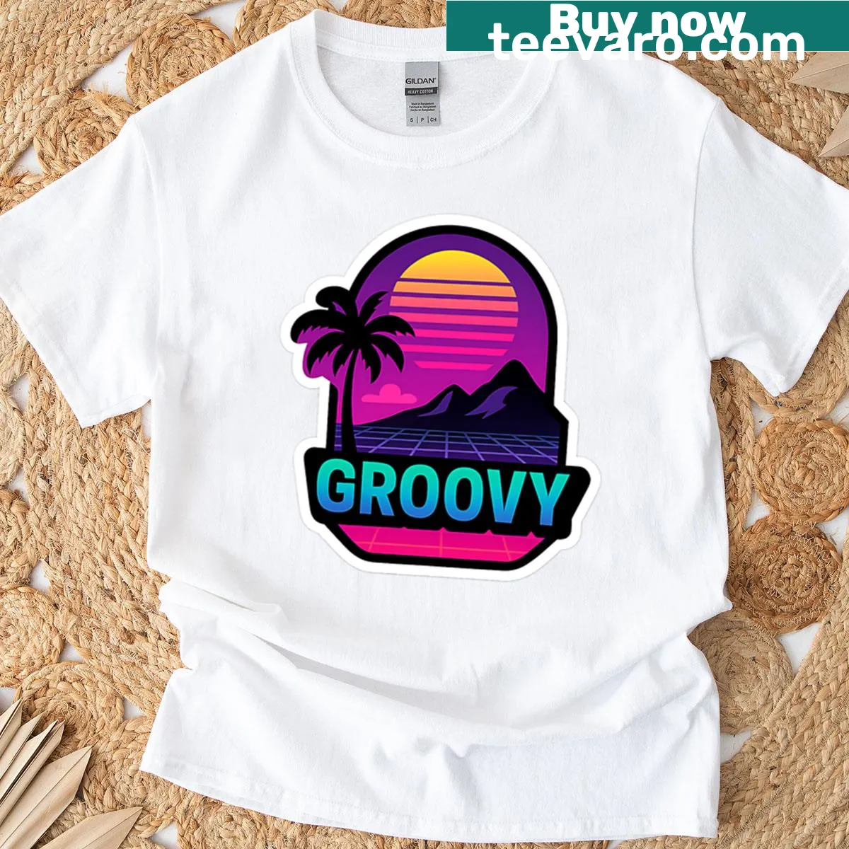 T-shirt with a groovy vibes illustration celebrating retro music culture — on a men's t-shirt