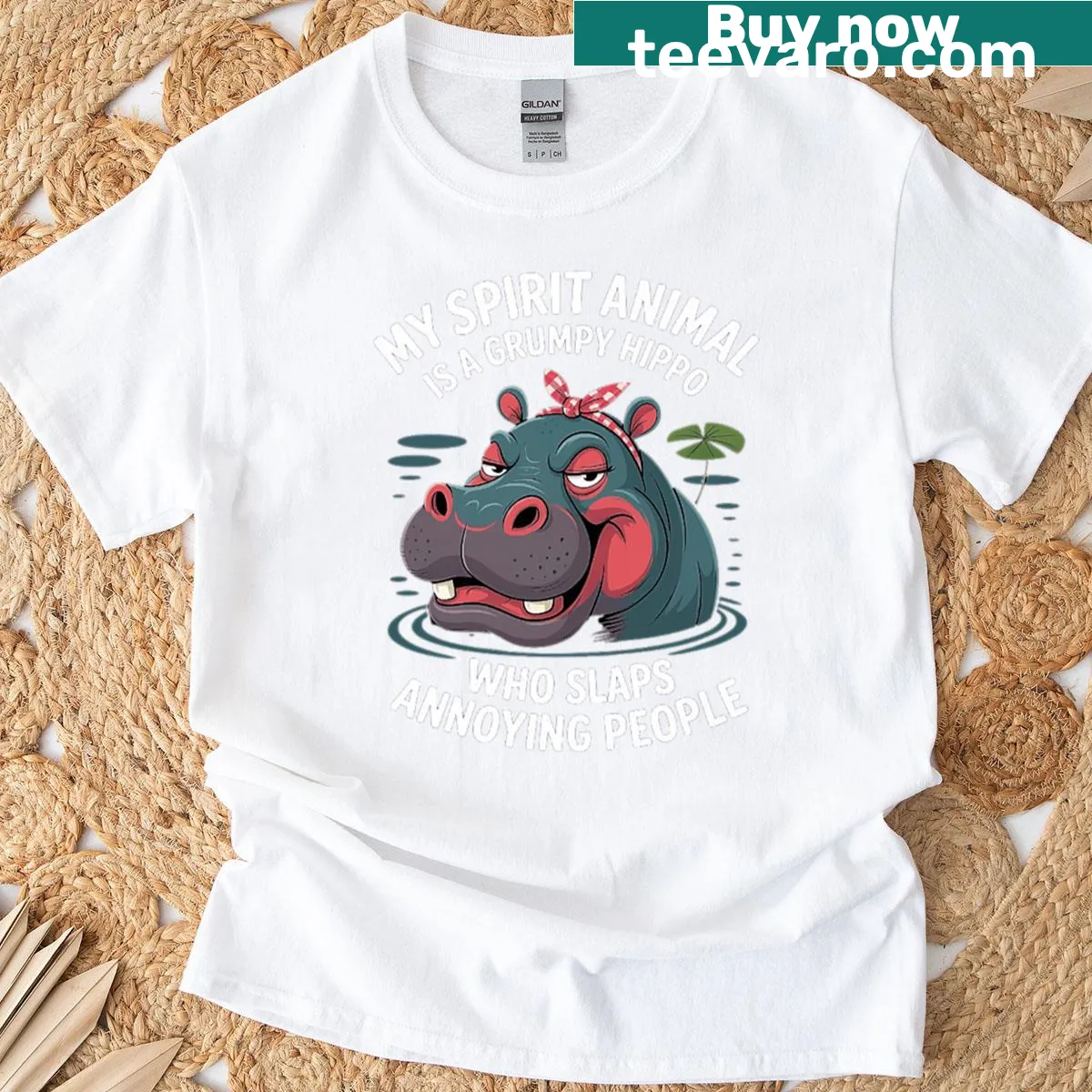 Funny grumpy hippo illustration with a humorous quote for sarcastic people — on a men's t-shirt