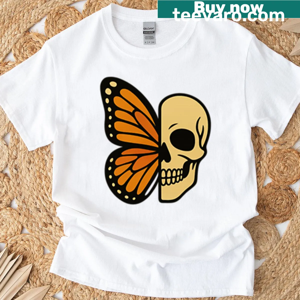 Half butterfly and half skull illustration on T-shirt — on a men's t-shirt