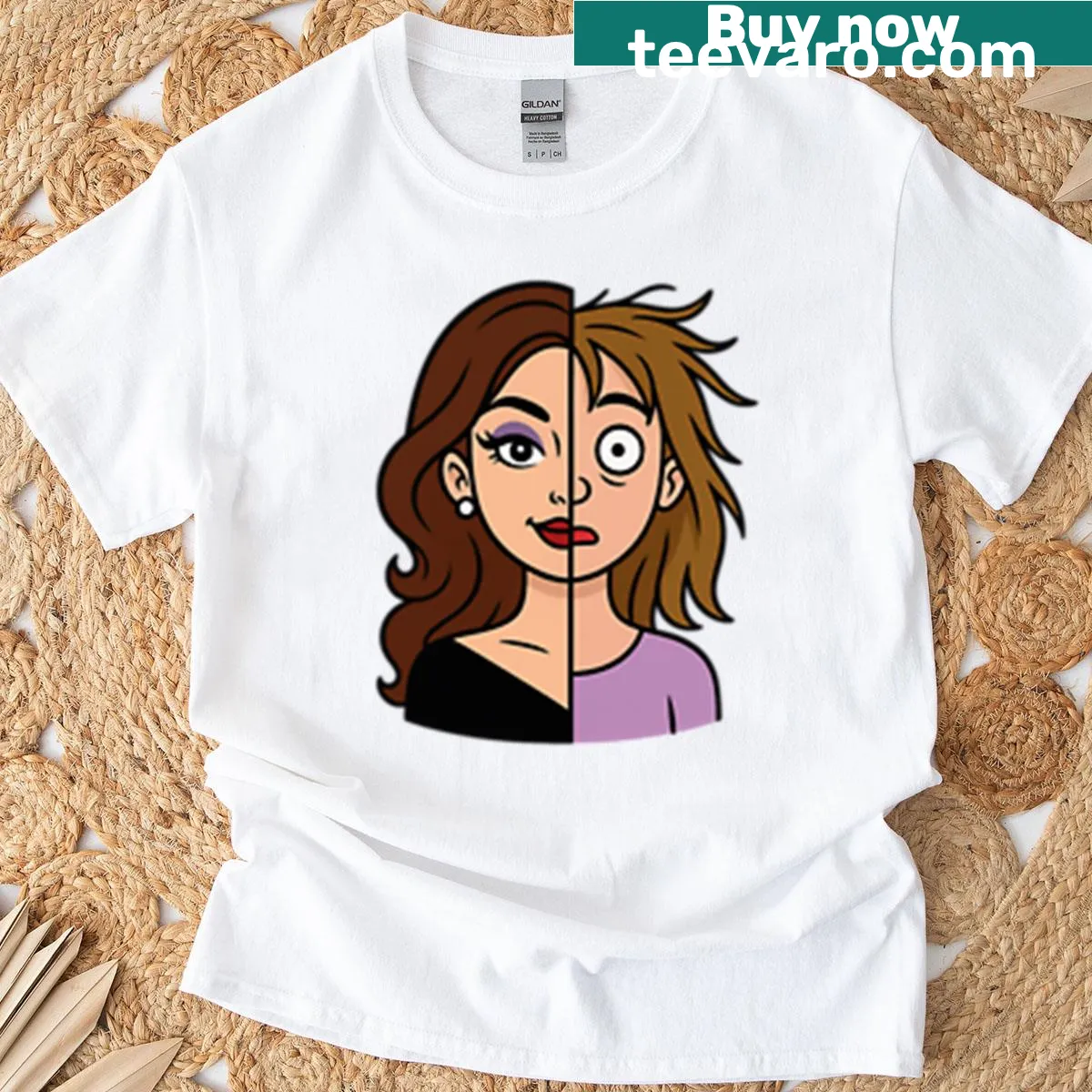 Funny split-face illustration of a woman representing glam and mess — on a men's t-shirt
