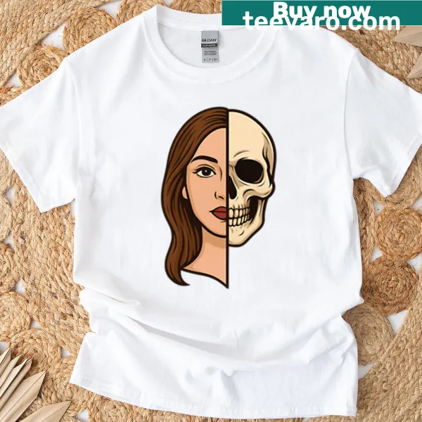 Half woman and half skull illustration on T-shirt