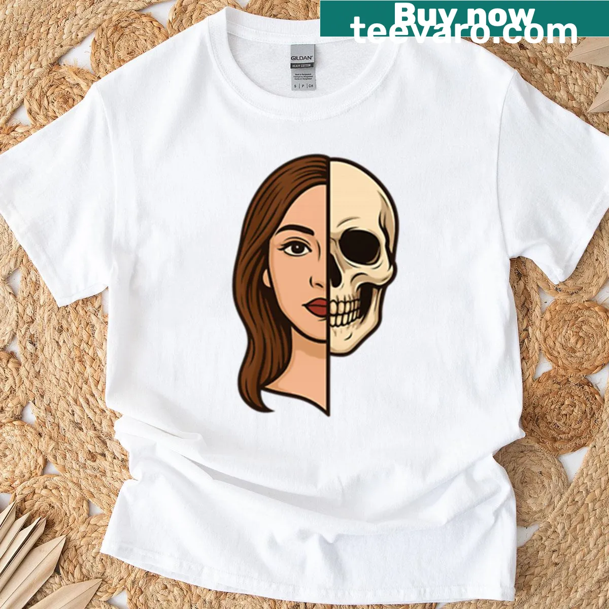 Half woman and half skull illustration on T-shirt — on a men's t-shirt